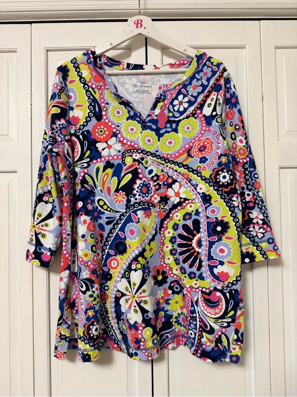 T by Talbots Multi All Over Print Paisley V-Neck Tunic UPF 50 Cotton Modal Spand
